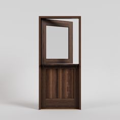 an open wooden door with a mirror on the front and side panels to the sides