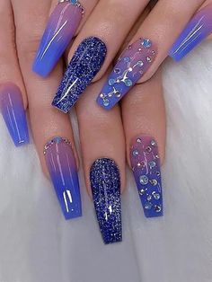 24pcs Long Coffin Blue Ombre Glitter Fake Nail False Nails Press On Nails Glue Blue Ombre Nails, Purple Nail Designs, Purple Nail, Summer Acrylic Nails, Acrylic Nails Coffin, Beauty Nail, Coffin Nails Designs, Pretty Acrylic Nails, Nail Gel