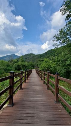 a wooden walkway with railings leading to the mountains in the distance and trees on both sides