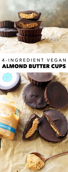 chocolate covered peanut butter cups with the words 4 ingredient vegan almond butter cups on top