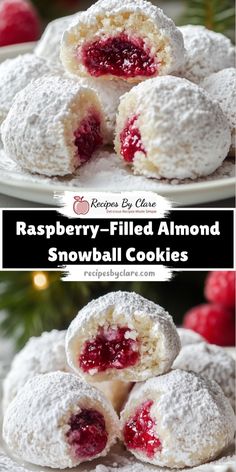 raspberry filled almond snowball cookies on a plate