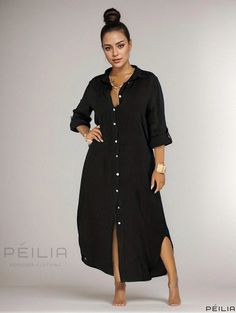 Peilia - Womens Plus Size Solid Button Up Lapel Collar Shirt Dress with Roll-Up Sleeves — Perfect for Casual Occasions Black Collared Shirt Dress For The Beach, Black Collared Shirt Dress For Beach, Black Button-up Shirt Dress For Beach, Black Shirt Dress With Button Closure For Beach, Collar Shirt Dress, Collared Shirt Dress, Stylish Plus, Roll Up Sleeves, Vestido Casual