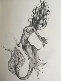 a black and white drawing of a mermaid with her hair blowing in the wind on paper