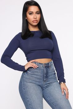 Available In Black, White, Navy And Grey Crew Neck Long Sleeve Crop Top 95% Cotton 5% Spandex Imported | Robin Long Sleeve Top in Navy Blue size Small by Fashion Nova Looks Hip Hop, Fashion Nova Outfits, Bodysuit Fashion, Fashion Nova Jeans, Navy Fashion, Basic Tops, Green Fashion, Rompers Women, Long Sleeve Crop Top