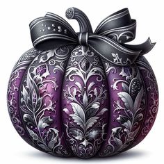 a purple and silver painted pumpkin with a bow