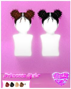 two mannequin heads with hair in the shape of heart on pink background and text underneath