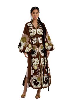 Our Brown/Pastel Luxurious Pansies Women's Midi Caftan by Yuliya Magdych. Online store of fashion designer clothes for women. Vyshyvankas or embroidered shirts, strewn with pansies, in the Ukrainian tradition symbolize unity, and indivisibility. Such a dress can serve as a promise of eternal love. Hand-made 46 hours of performance Yuliya Magdych, The Secret Of Life, Secret Of Life, Fashion Designer Clothes, Cotton Caftan, Designer Clothes For Women, Embroidered Shirts, Womens Kimono, Women Midi