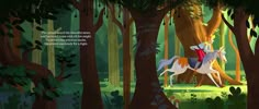 an animated image of a man riding on the back of a horse through a forest