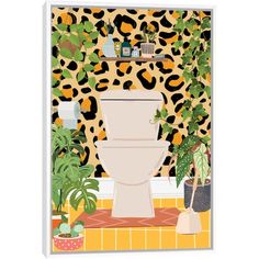 a bathroom scene with a toilet and potted plants on the wall, in front of a leopard - print wallpaper