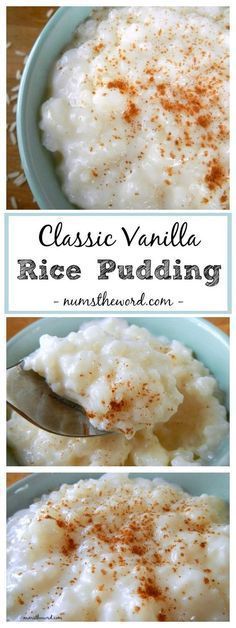 rice pudding in a blue bowl with cinnamon sprinkles on top and the words classic vanilla rice pudding above it