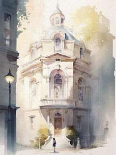 a painting of a building with a person standing in front of it