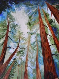 a painting of trees in the woods with blue sky and clouds above them, painted on canvas