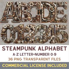 the steampunk alphabet is shown with numbers and gears in different styles, including letters that appear to be made out of mechanical parts