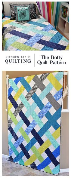 the quilts are made in different colors and patterns, including blue, green, yellow, and white