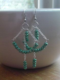 Handmade Beaded Dangle Earrings With Silver Chain | Etsy Beaded Chain Dangle Chandelier Earrings For Gift, Silver Beaded Chain Earrings As Gift, Silver Beaded Chain Earrings For Gift, Green Dangle Earrings With Beaded Chain, Silver-plated Dangle Beaded Earrings, Handmade Beaded Earrings Ideas, Chain Earrings Dangle, Chip Jewelry, Diy Earrings Dangle