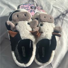 Brand New Moon Cake Cow Slippers Size 5/6 (They Do Run Small) Cake Cow, Cow Slippers, Moon Cake, New Moon, Cow, Slippers, Slip On, Black White, Moon