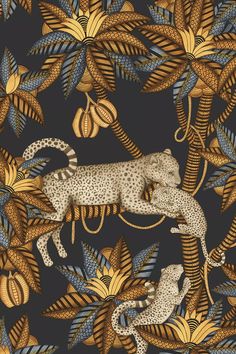 an image of a leopard and other animals on a black background with gold, blue, and green leaves