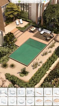 an aerial view of a house with a pool in the middle and landscaping around it