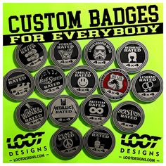 custom badges for everybody are on display in a shop window, with the words'custom badges for everyone'written below them