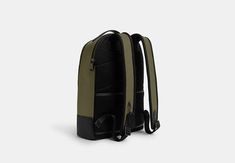 the back view of a green backpack with black straps and two zippers on each side