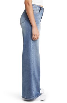 A faded indigo wash lends a playful feel to retro wide-leg jeans made with a high waist and soft, low-stretch denim. 33" inseam; 25" leg opening; 10 1/2" front rise; 15 1/2" back rise 76% cotton, 13% rayon, 10% polyester, 1% Lycra® spandex Machine wash, tumble dry Imported Mid-rise Washed Relaxed Fit Flare Jeans, Mid-rise Washed Flare Jeans With Relaxed Fit, Faded Wide Leg Washed Flare Jeans, Medium Wash High Rise Relaxed Fit Flare Jeans, Dark Wash Wide-leg Denim Flare Jeans, Faded Denim Cropped Leg Flare Jeans, Dark Wash Wide-leg Flare Jeans, Faded Denim Flare Jeans With Five Pockets, Medium Wash Wide-leg Cropped Jeans With Five Pockets