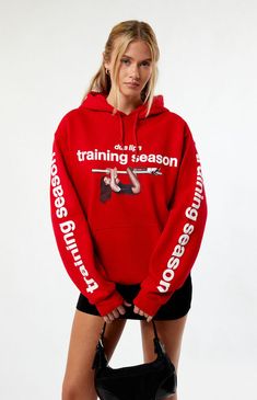 The Dua Lipa Training Season Hoodie commands attention in its vibrant red hot colorway. Designed with long sleeves, a drawstring hood, bold Dua Lipa front and sleeve graphics, and a practical kangaroo pocket, this hoodie combines standout style with everyday comfort.Solid color hoodieSoft fleece liningDrawstring hoodLong sleevesKangaroo pocketDua Lipa graphicsRibbed cuffs and hem50% cotton, 50% polyesterMachine washableModel is wearing a size smallModel measurements: 5’8” height, 31” bust, 23” waist, 36” hips PacSun Womens Dua Lipa Training Season Hoodie - Red size Small Slim Fit Cargo Pants, Kids Activewear, Jeans Kids, Dua Lipa, Women Hoodies Sweatshirts, Slim Fit Pants, Red Hoodie, Womens Activewear, Red Hot