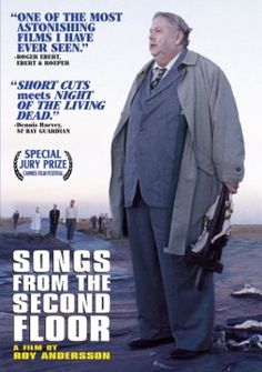 a movie poster for songs from the second floor with a man in a suit and tie