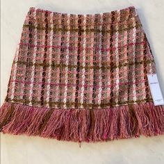 Brand New Pink Tweed Skirt With Fringe. Fully Lined Interior. Spring Party Tweed Mini Skirt, Pink Tweed Skirt For Spring, Spring Pink Tweed Skirt, Spring Party Tweed Skirt, Pink Tweed Skirt, Pink Denim Skirt, Gold Sequin Skirt, Sparkly Skirt, Feather Skirt