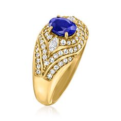 Ross-Simons - 1.10ct Sapphire, .59ct t. w. Diamond Wide Band Ring Oval Cut in 18kt Yellow Gold. Size 7. A sophisticated choice for formal ensembles and more, this radiant ring flaunts a bold 1.10 carat oval sapphire inside a sparkling maze of .59 ct. t. w. marquise and round brilliant-cut diamonds. Finished with a wide band of polished 18kt yellow gold, this luxurious design makes a memorable statement. 3/8" wide. Diamond and sapphire wide band ring. Sapphire birthstones are the perfect gift for Dazzling Yellow Gold Sapphire Ring For Formal Occasions, Formal Sapphire Ring With Pave Setting, Elegant Sapphire Ring With Pave Setting For Formal Occasions, Elegant Sapphire Ring With Pavé Setting For Formal Occasions, Classic Cubic Zirconia Sapphire Ring For Formal Occasions, Classic Formal Cubic Zirconia Sapphire Ring, Classic Formal Sapphire Ring With Cubic Zirconia, Elegant Sapphire Ring With Pave Setting For Anniversary, Classic Sapphire Ring With Pave Setting For Anniversary