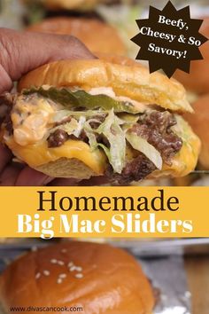 a hand holding a cheeseburger with the words homemade big mac sliders