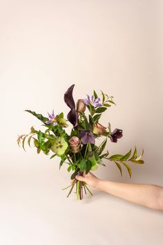 a hand holding a bouquet of flowers on a white background with space for the text