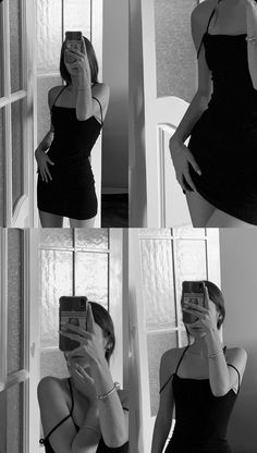 a woman taking a selfie in front of a mirror wearing a black dress and holding a cell phone