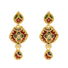 Pair this elaborate Indian gold necklace and earring set with your favorite gowns for a special occasion. The beautiful enamel meenakari print and glimmering 22k yellow gold will add a lush look of cultural vibrance. Features: • 22k yellow gold • Beading • Enamel Specifications: • Minimum Necklace Width - 2 millimeters • Maximum Necklace Width - 25 millimeters • Necklace Length - 16 to 18 inches • Minimum Earring Width - 1 millimeters • Maximum Earring Width - 17 millimeters • Earring Length - 1 Festive Gold Jewelry With Artistic Design, Yellow Gold Jewelry With Zari Work As Gift, Gold Jewelry With Artistic Design For Festivals, Multicolor Enamel Jewelry For Ceremonial Occasions, Traditional Yellow Gold Jewelry With Zari Work, Traditional Gold Jewelry With Artistic Design, Traditional Enamel Necklaces For Formal Occasions, Formal Multicolor Meenakari Jewelry, Traditional Enamel Jewelry For Wedding