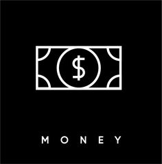 a black and white logo with the word money in it's center, on a dark background