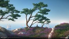 some trees and purple flowers on a hill