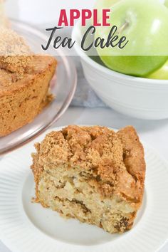 a piece of apple tea cake on a white plate next to an apple and bowl of apples