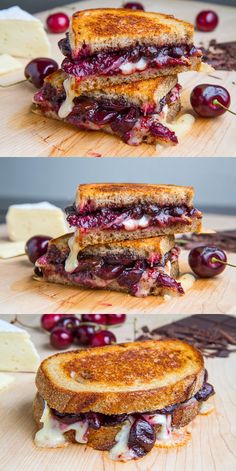 grilled cheese sandwich with cherries and butter on a cutting board