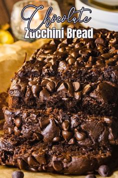 chocolate zucchini bread is cut into slices on a cutting board with the title above it