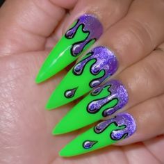 This Set Is Made Made With Neon Green Glow In The Dark Polish And Purple Cat Eye Gel Polish. Base Is Hard Gel So Nails Are Not Flimsy & Won't Chip Or Break. If You Have Any Other Questions Feel Free To Ask Me. All Press On Nails Have A Number On The Inner Tip. Those Numbers Will Let Me Know What Size U Need For Example My Numbers Are 0 For Thumbs, 3 For My Index Finger, 2 For My Middle Finger, 3 For My Ring Finger And A 6 For My Pinky. My Numbers Are Considered A Size Large. A Small Set Is 2,5,4 Hope Nails, Neon Purple Nails, Fluorescent Nails, Neon Green Nails, Gel Press On Nails, Cat Eye Gel Polish, Green Nail Designs, Blue Nail Art