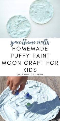 homemade puffy paint moon craft for kids with text overlay reading space theme crafts