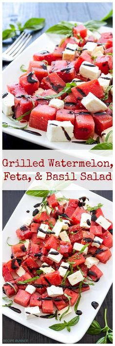 grilled watermelon, feta and basil salad on a white platter