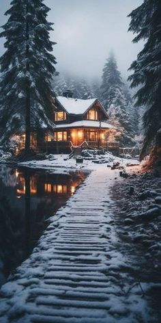 a house is lit up in the snow with trees around it and lights shining on the water