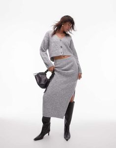 Skirt by Topshop This is Topshop High rise Elastic waist Side slit Regular fit Skirt And Cardigan, Knit Maxi Skirt, Winter Party Dress, Spring Floral Dress, Cable Sweater, Hooded Cardigan, Black Long Sleeve Dress, Jumpsuit Shorts Rompers, Long Black Dress