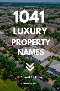 an aerial view of houses with the words, 1041 luxury property names save it for later