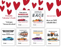 valentine's day cards with different types of cars