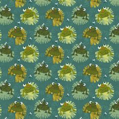 a green and yellow frog pattern on a blue background