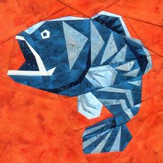 an abstract painting of a blue fish on orange background