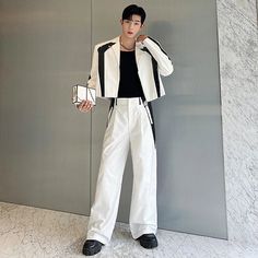 41479546961981|41479546994749|41479547027517 Mens Wide Leg Pants, Black Sweatshirt Dress, Wide Leg Suit Pants, Loose Fit Trousers, Korean Streetwear, Oversized Blouse, Fitted Trousers, Suit Pants, Zipper Jacket