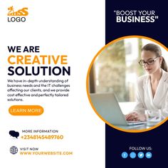 a business flyer with a woman working on a laptop