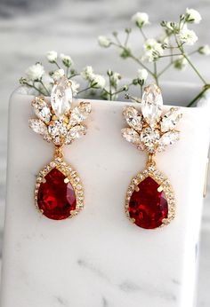 Ruby Earrings, Garnet Red Drop Earrings, Ruby Red Crystal Earrings, Bridal Ruby Drop Earrings, Ruby Red Swarovski Chandelier Earrings Ruby Earing Design Gold, Ruby Earrings Aesthetic, Red Ruby Jewelry, Rubin Earrings, Red Diamond Earrings, Swarovski Chandelier, Ruby Drop Earrings, Earrings Amazon, Ruby Dress